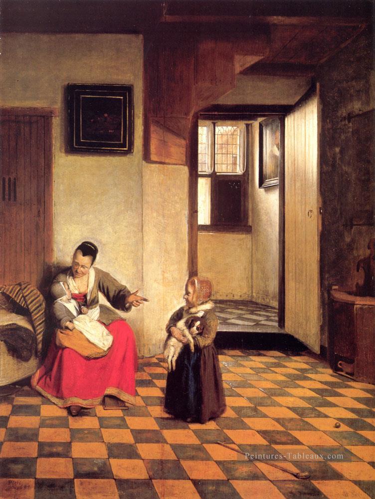 Une femme avec un bébé sur ses genoux et un petit enfant genre Pieter de Hooch Peintures à l'huile